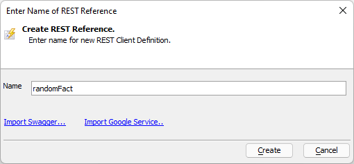 Enter Name of REST Reference prompt